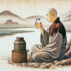 korean monk nourishes first kombucha culture ever in a jar, japanese ink painting style, dim water colours